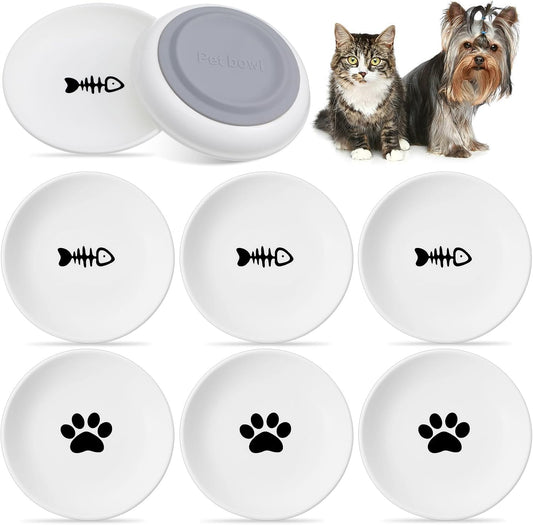 Kenaoeoe Cat Food Bowl 6 Pack Ceramic Cat Bowls with Non-Slip Base Anti Whisker Fatigue Shallow Cats Plates for Food and Water, Fishbone and Paw Print Design