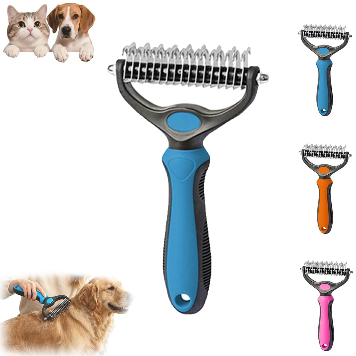 Pet Pro Grooming Tool, 2-in-1 Deshedding Dog Brush with 9/21 Teeth Undercoat Rake for Dogs & Cats, Dual-Sided Stainless Steel Pet Comb for Long Hair & Thick Coats