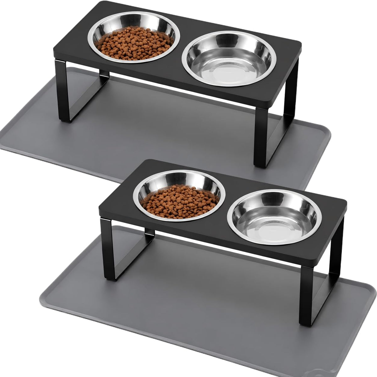 Upgraded Elevated Cat Bowls with Food Mat,15°Tilted Stand Anti Vomiting Raised Cat Dishes for Food and Water,2 Stainless Steel Bowls for Cats and Puppy