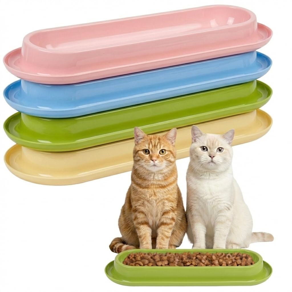 Multi-Cat Home 4-Pack, Long Pet Food Bowls, Large Capacity Non-Slip Easy Clean Dishes for Indoor & Outdoor Feeding (Pink, Yellow, Green，Blue,)