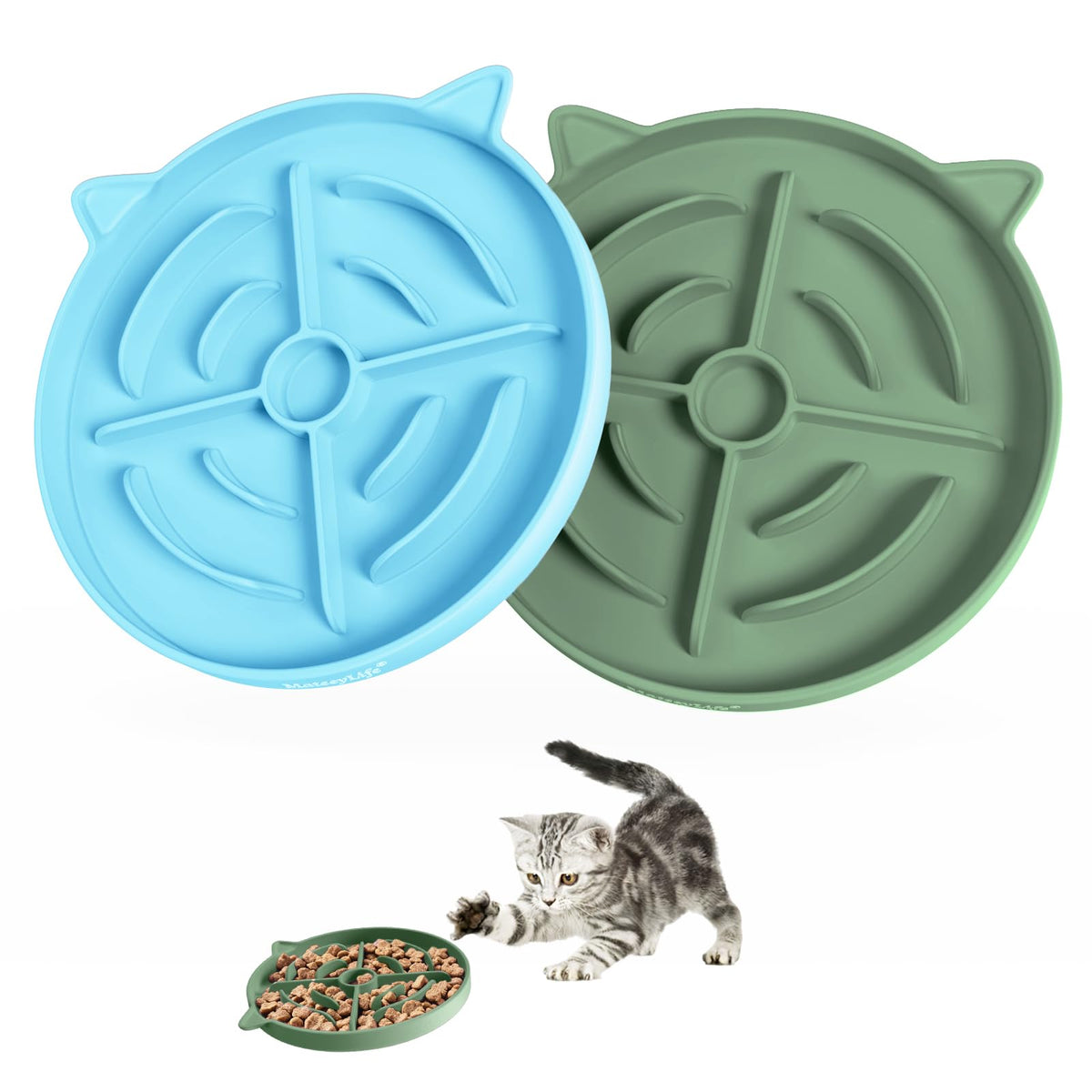 MateeyLife Slow Feeder Cat Bowl, 2 Pcs Cat Puzzle Feeder, Non-Slip Silicone Cat Dish, Prevent Overeating Cat Slow Feeder for Dry and Wet Food, Pet Bowls to Slow Down Eating, Easy to Clean