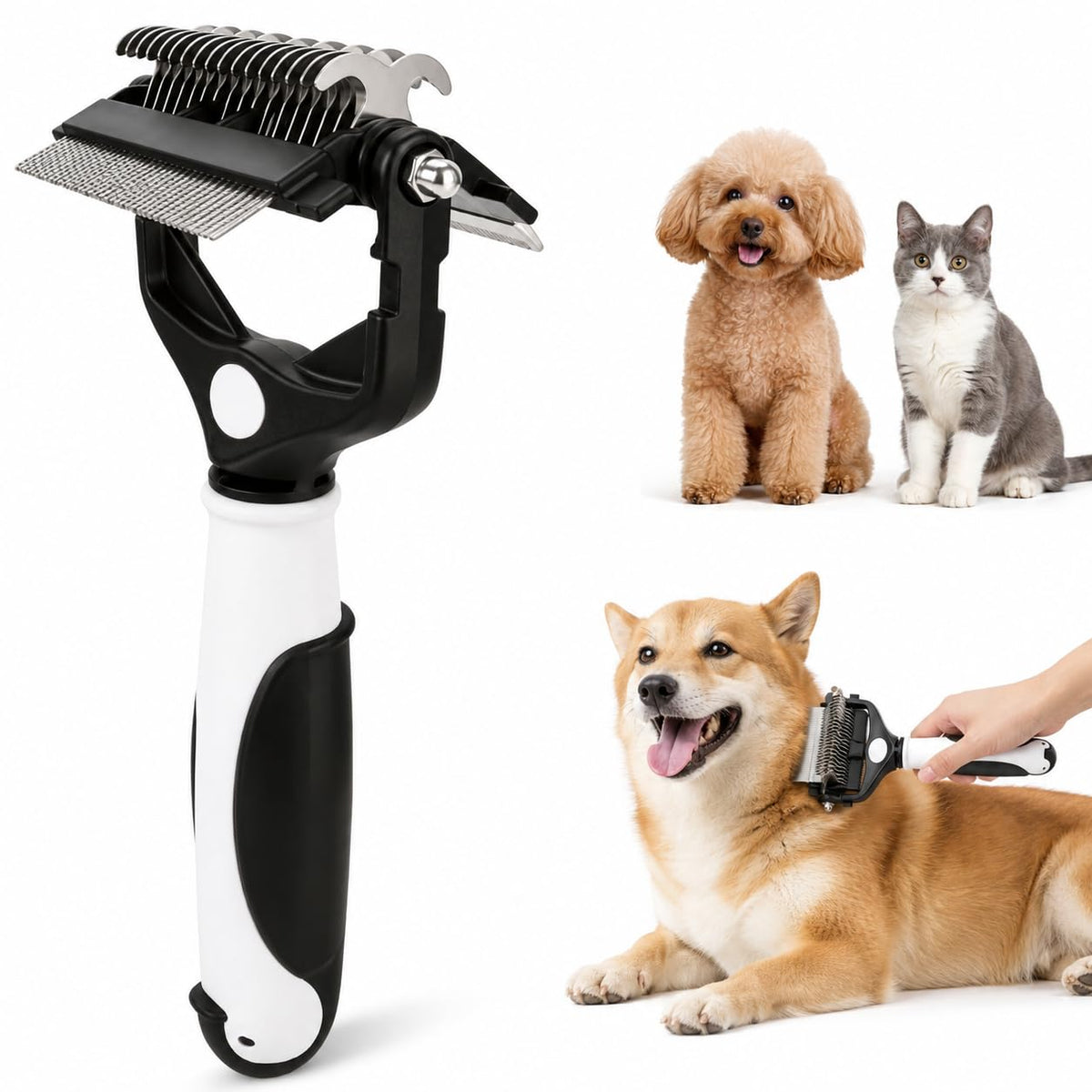 3-in-1 Pet Grooming Brush for Dogs & Cats, Undercoat Rake, Dematting Comb & Deshedding Brush for Long & Short Hair, Heavy Shedding & Matted Fur