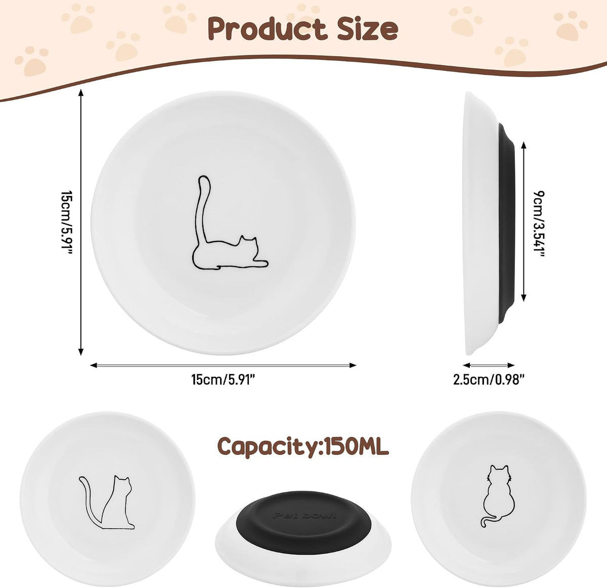 3 Pcs Ceramic Cat Food Bowls, Cute Cat Bowls, 5.9 Inch Cat Plates Set for Wet and Dry Food Water, White Flat Cat Dish with Non-Slip Base for Cats and Puppies (3 Kitten Patterns)