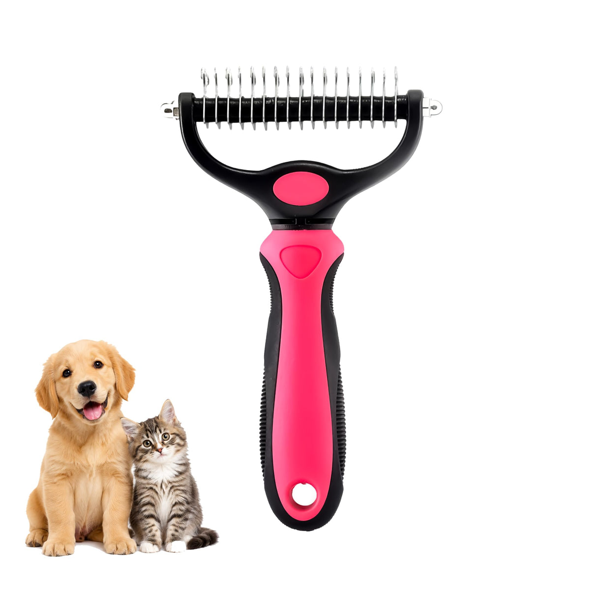 2-in-1 Double-Sided Pet Grooming Comb for Dogs & Cats - Deshedding Brush & Rounded-Tooth Dematting Tool | Painlessly Removes Knots, Tangles, Loose Undercoat & Fur in Thick/Long Coats (Blue-Large)