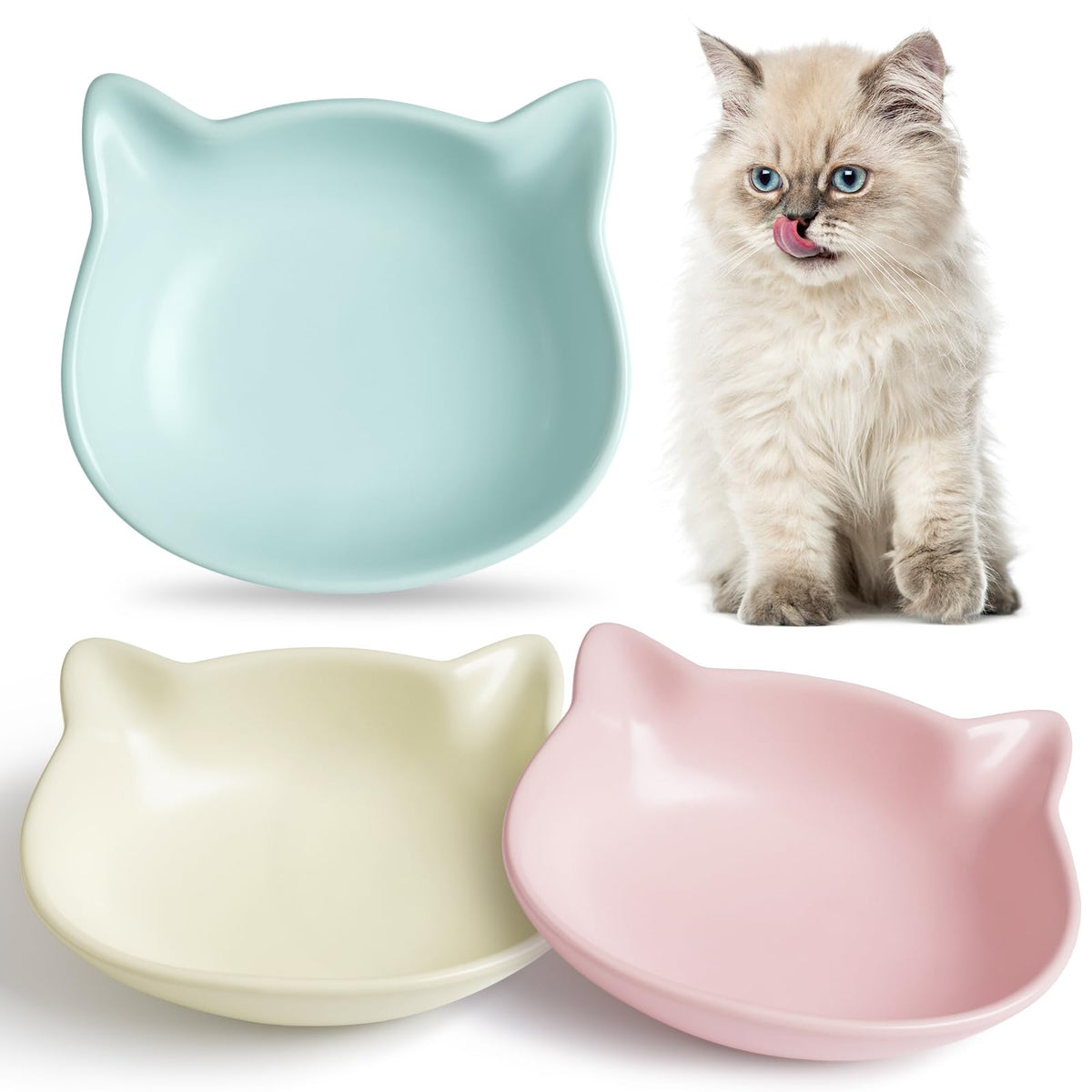 Non-Slip Cat Bowls, Ceramic Cat Food Bowl Set with Silicone Base, Cats Dishes, Cute Plates for Feeding Indoor Cats, Kitten, Small Dogs (Multi, Deeper)