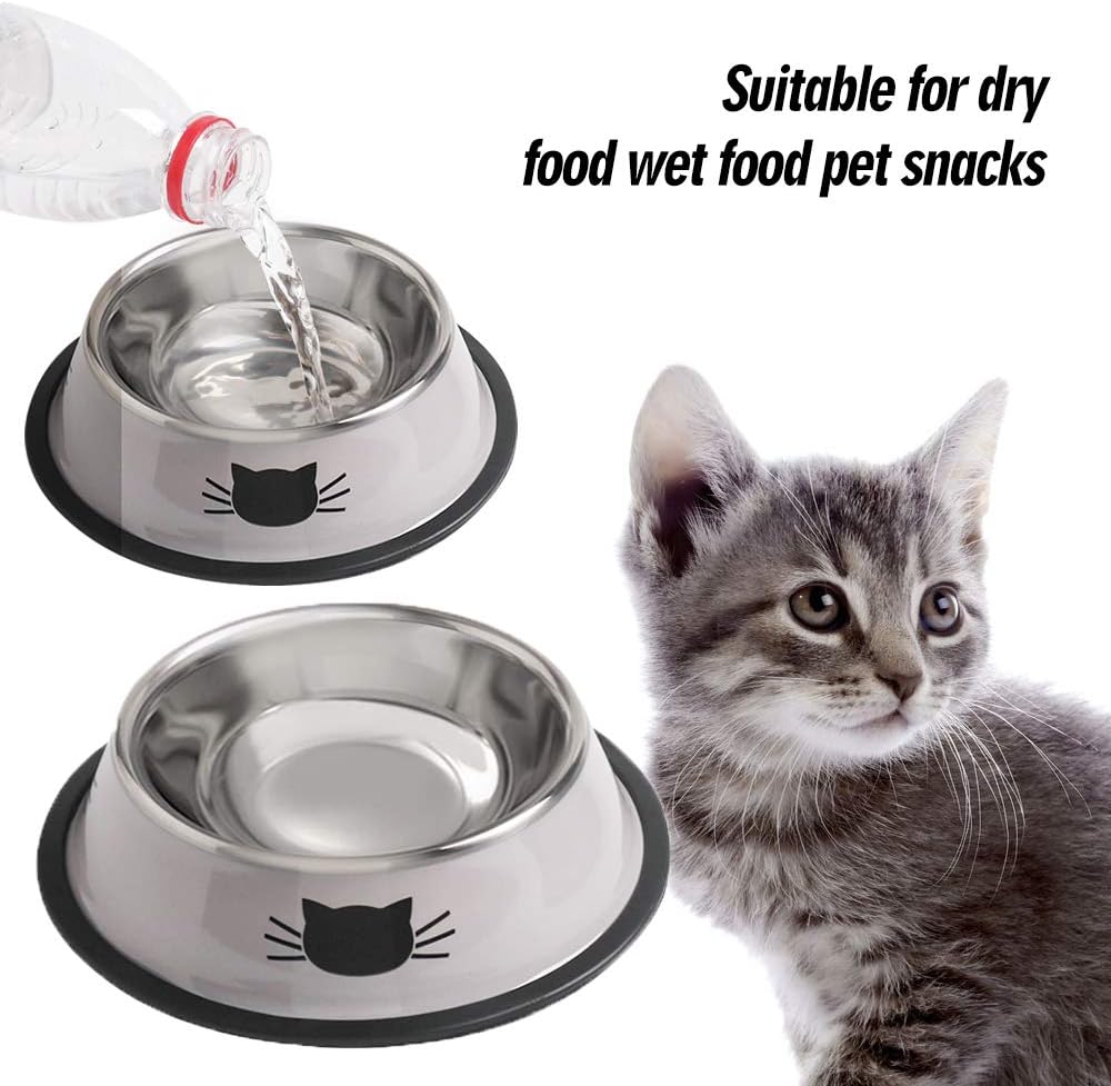 Cat Bowls for Food and Water,2PCS Rapsrk Non-Slip Stainless Steel 8 Oz Pet Bowl with Removable Rubber Base Dog Bowl,Stackable Cat Puppy Dishes Bowls with Cute Cats Painted
