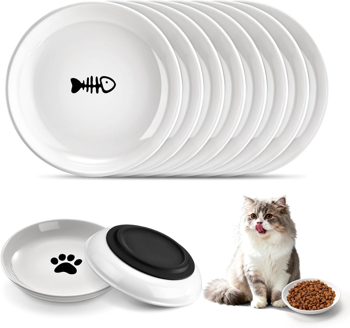Cat Food Bowl, 8 Pack Premium Ceramic Cat Bowls,Non-Slip Silicone Bottom, Small Food Dishes for Indoor, Wide & Shallow for Whisker Fatigue, Easy Clean Pet Feeding Bowls