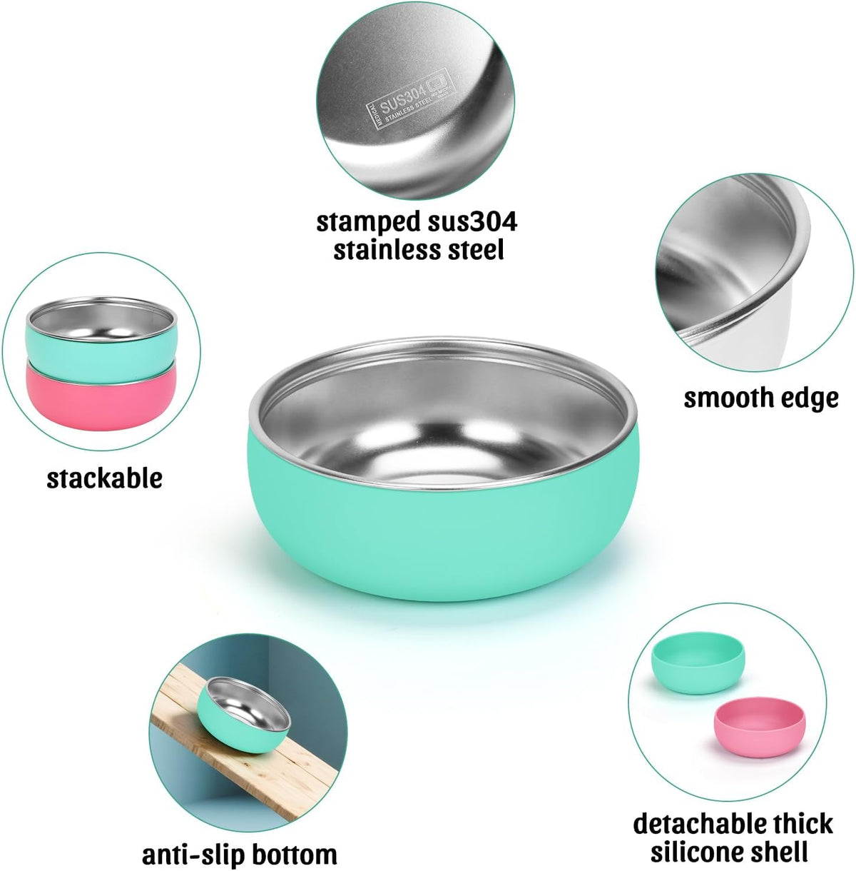 Non-Slip Stainless Steel Cat Bowls, 2 Pack Cat Dishes for Food and Water with Detachable Colorful Silicone Anti-Slip Bottom, 5 '' Wide Thick & Heavy Duty Metal Pet Bowls for Kitten, Cats and Puppy