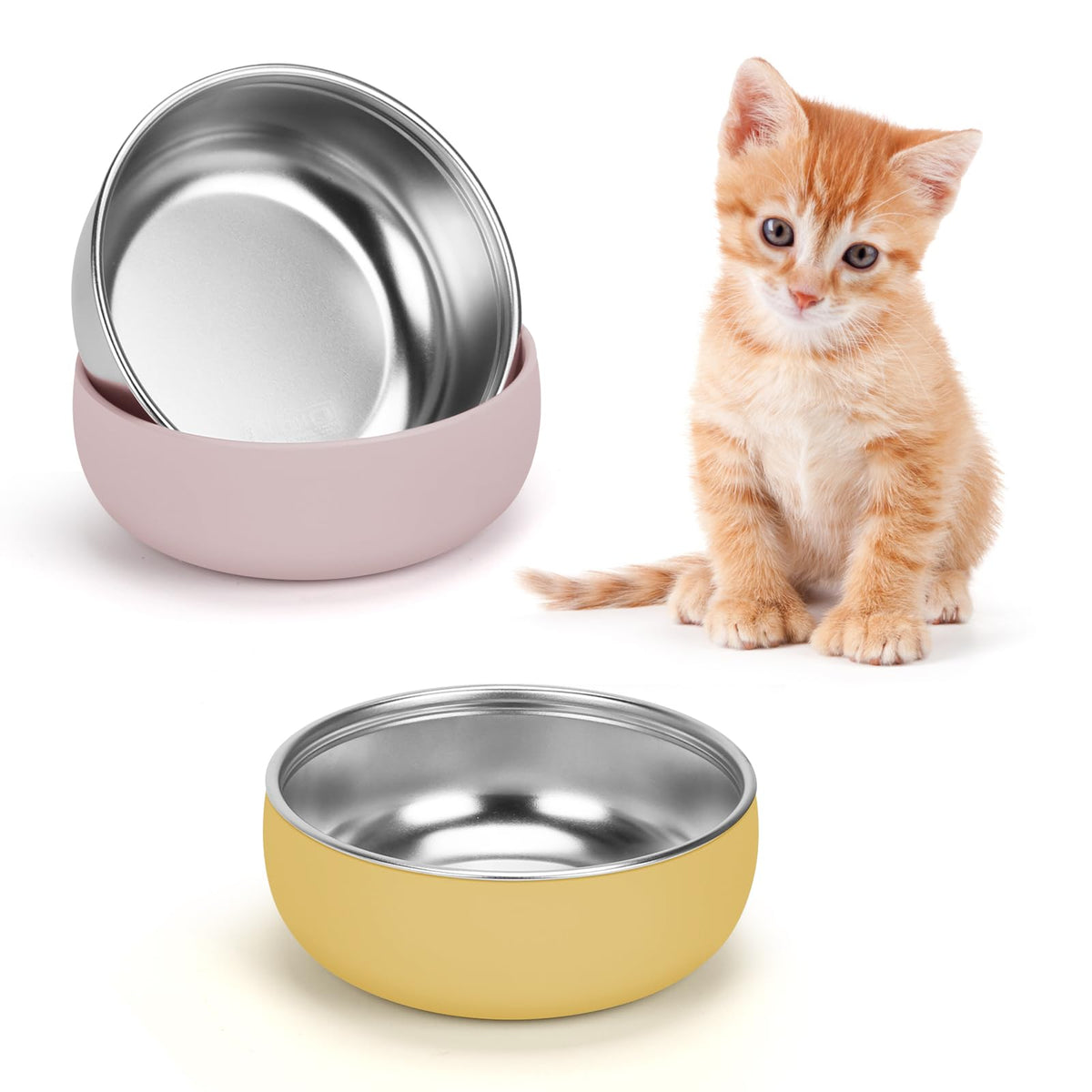 Non-Slip Stainless Steel Cat Bowls, 2 Pack Cat Dishes for Food and Water with Detachable Colorful Silicone Anti-Slip Bottom, 5 '' Wide Thick & Heavy Duty Metal Pet Bowls for Kitten, Cats and Puppy