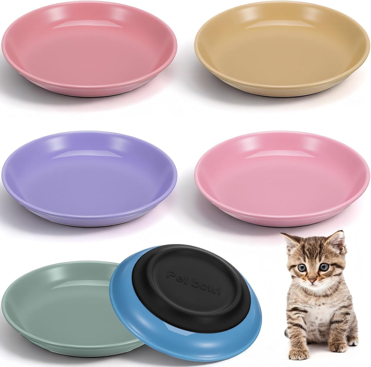 6 Pack Ceramic Cat Food Bowls, Non-Slip Shallow Cat Dishes with Silicone Base, Whisker Friendly Pet Bowls for Indoor Cats, Kittens, and Small Dogs, Multicolor