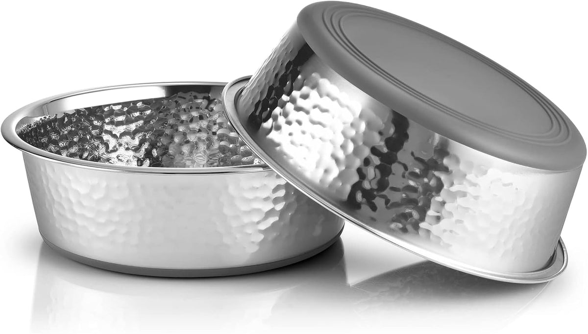 URBUDDIES 2 Pack Hammered Stainless Steel Cat Bowls,2 Cup, Gray Bottom