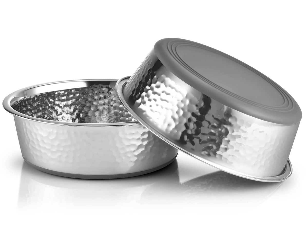 URBUDDIES 2 Pack Hammered Stainless Steel Cat Bowls,2 Cup, Gray Bottom