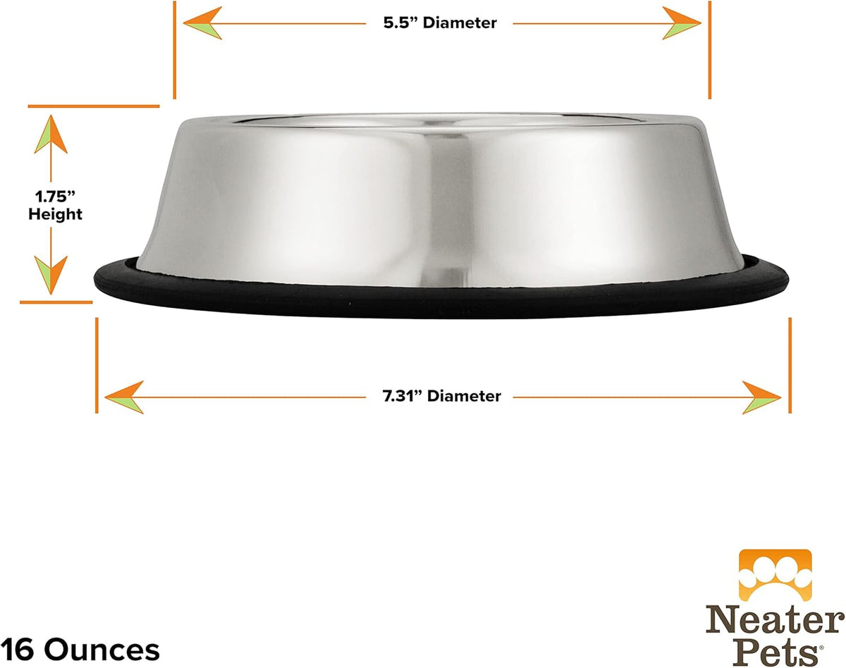 Neater Pet Brands - Stainless Steel No-Skid & Non-Tip Pet Bowl for Cat or Dog Food or Water (16 oz, Stainless Steel)