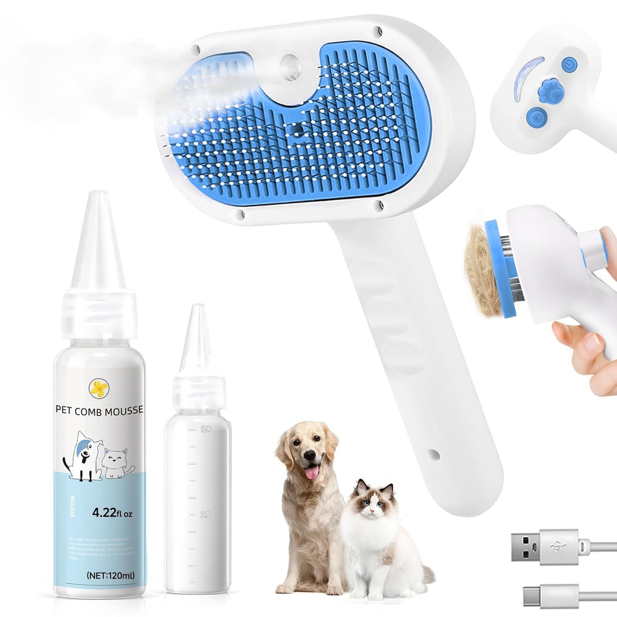 Pet Steam Brush for Dog, cat brushes for indoor cats - 1 Waterless Shampoo