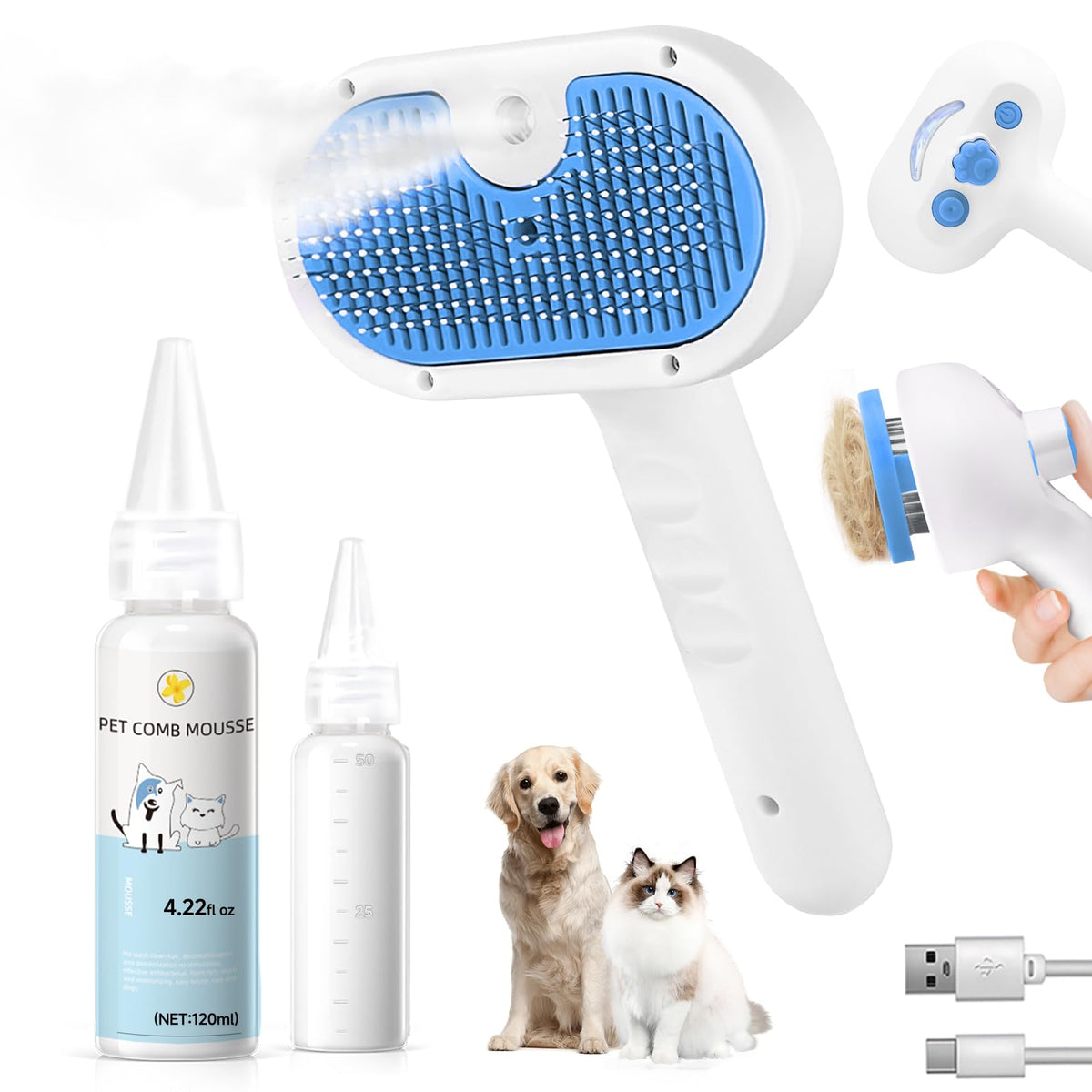 Pet Steam Brush for Dog, cat brushes for indoor cats - 1 Waterless Shampoo