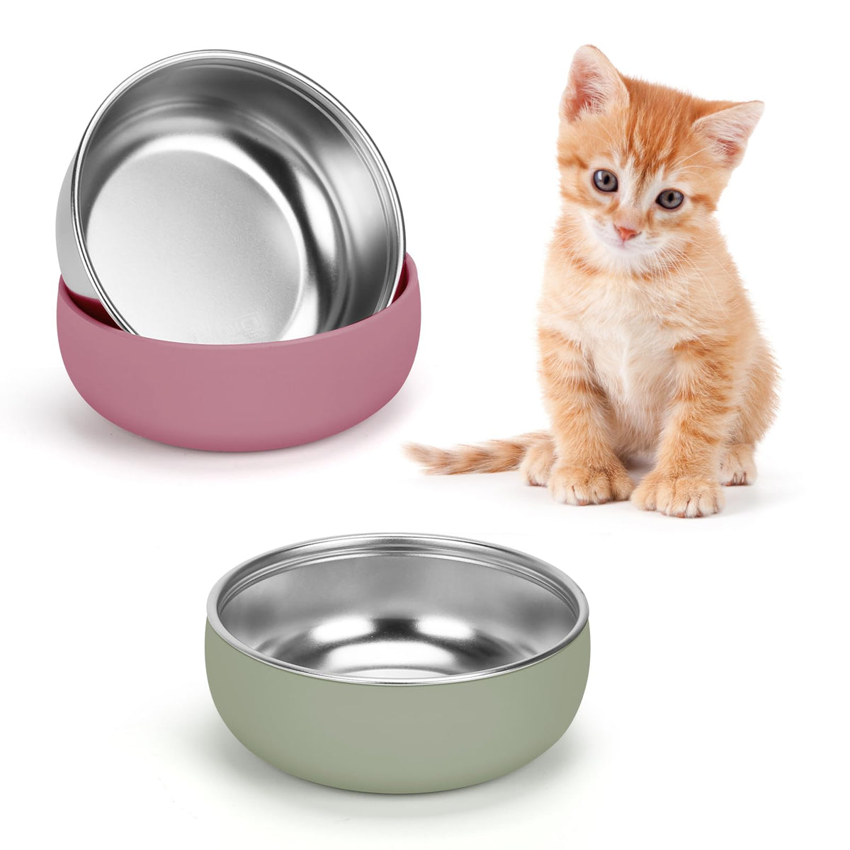 Non-Slip Stainless Steel Cat Bowls, 2 Pack Cat Dishes for Food and Water with Detachable Colorful Silicone Anti-Slip Bottom, 5 '' Wide Thick & Heavy Duty Metal Pet Bowls for Kitten, Cats and Puppy