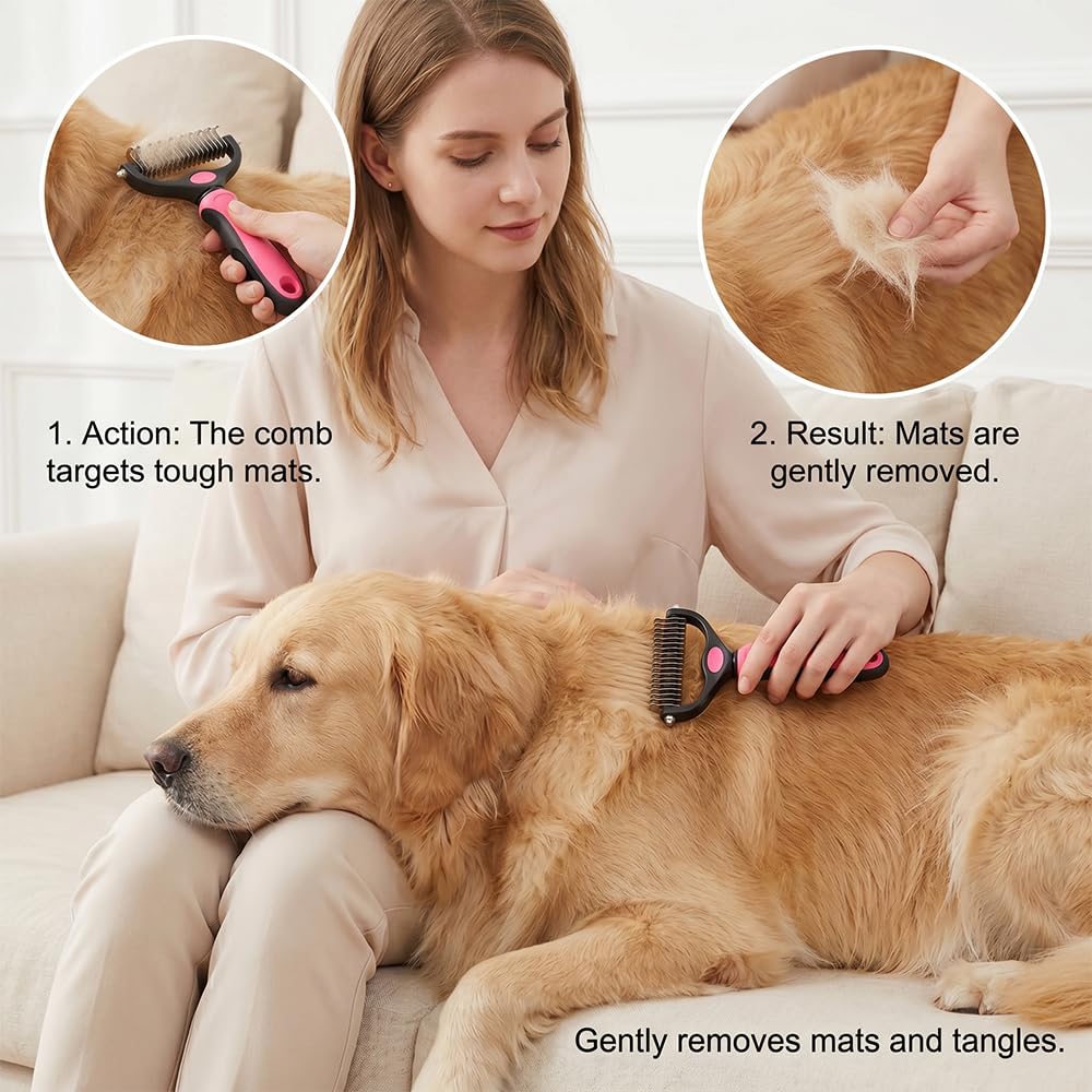 Dematting Comb for Dogs and Cats, Undercoat Rake Pet Brush for Long Hair, Deshedding Dog Brush Removes Tangles Knots and Loose Fur, Grooming Tool for Thick Coats (Blue L)