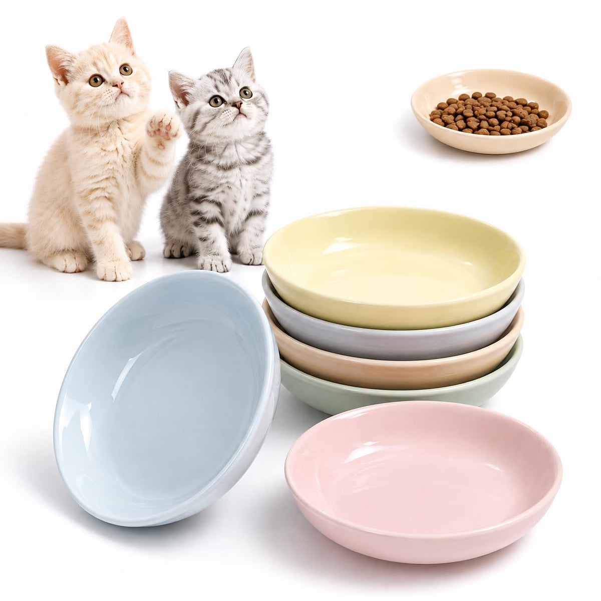 Ceramic Cat Food Bowls 6 Pack – Shallow Cat Bowl with Non-Slip Silicone Base, Whisker-Fatigue Dishes for Indoor Cats Puppy – Microwave Dishwasher Safe – 5.3 oz Cute Pet Plates for Wet Dry Food Water