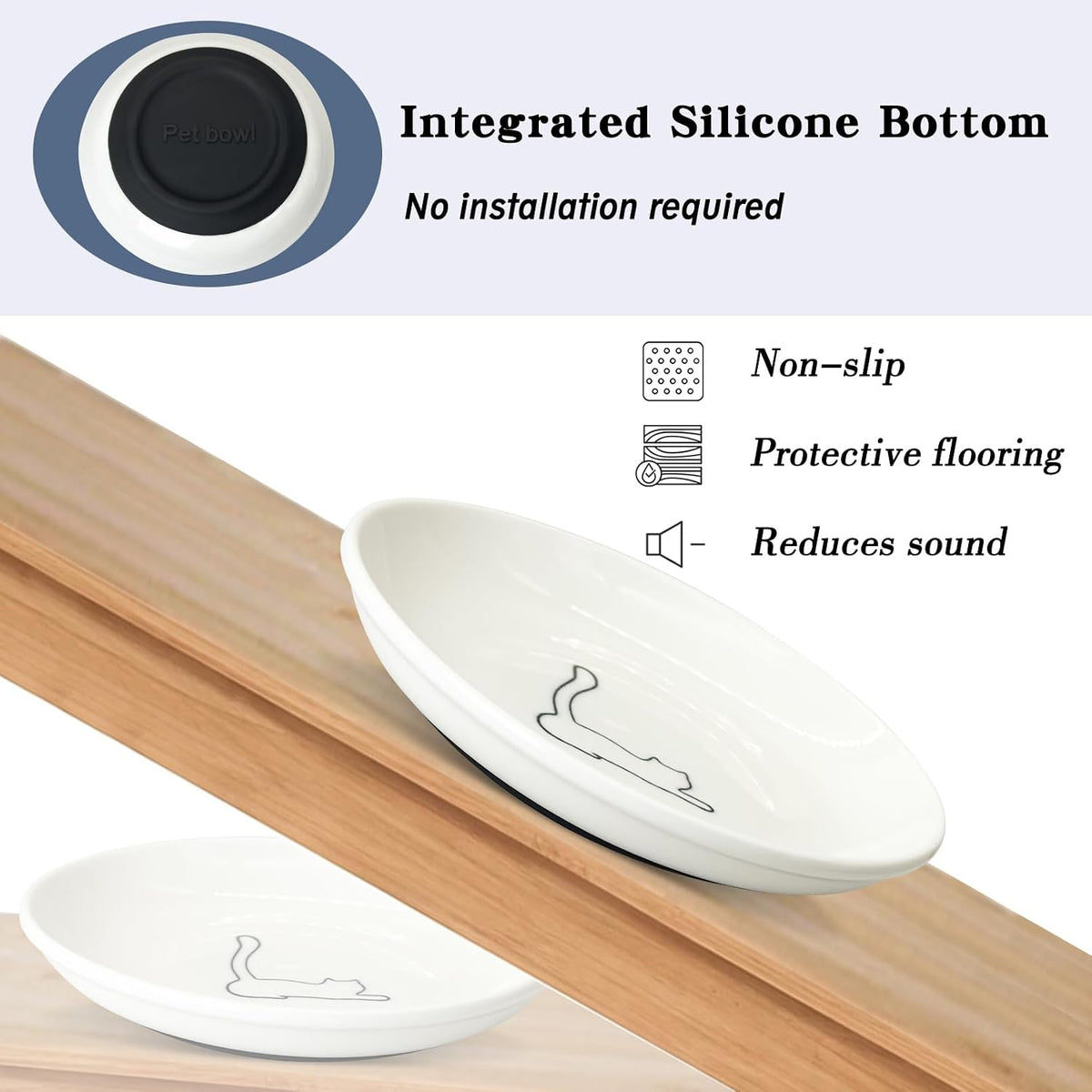Fhiny 2PCS Cat Food Bowl,6" Ceramic Cat Dishes with Silicone Bottom Shallow Whisker Fatigue Kitten Plates Set for Indoor Cats Non-Slip Wide Kitten Pet Whisker Friendly Bowl for Wet Food Water (Cat)