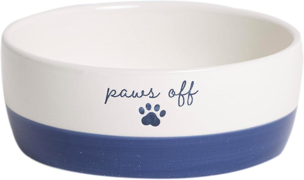 Pearhead Ceramic Cat Bowl, Holds 12 oz, Navy Blue “Paws Off” Design