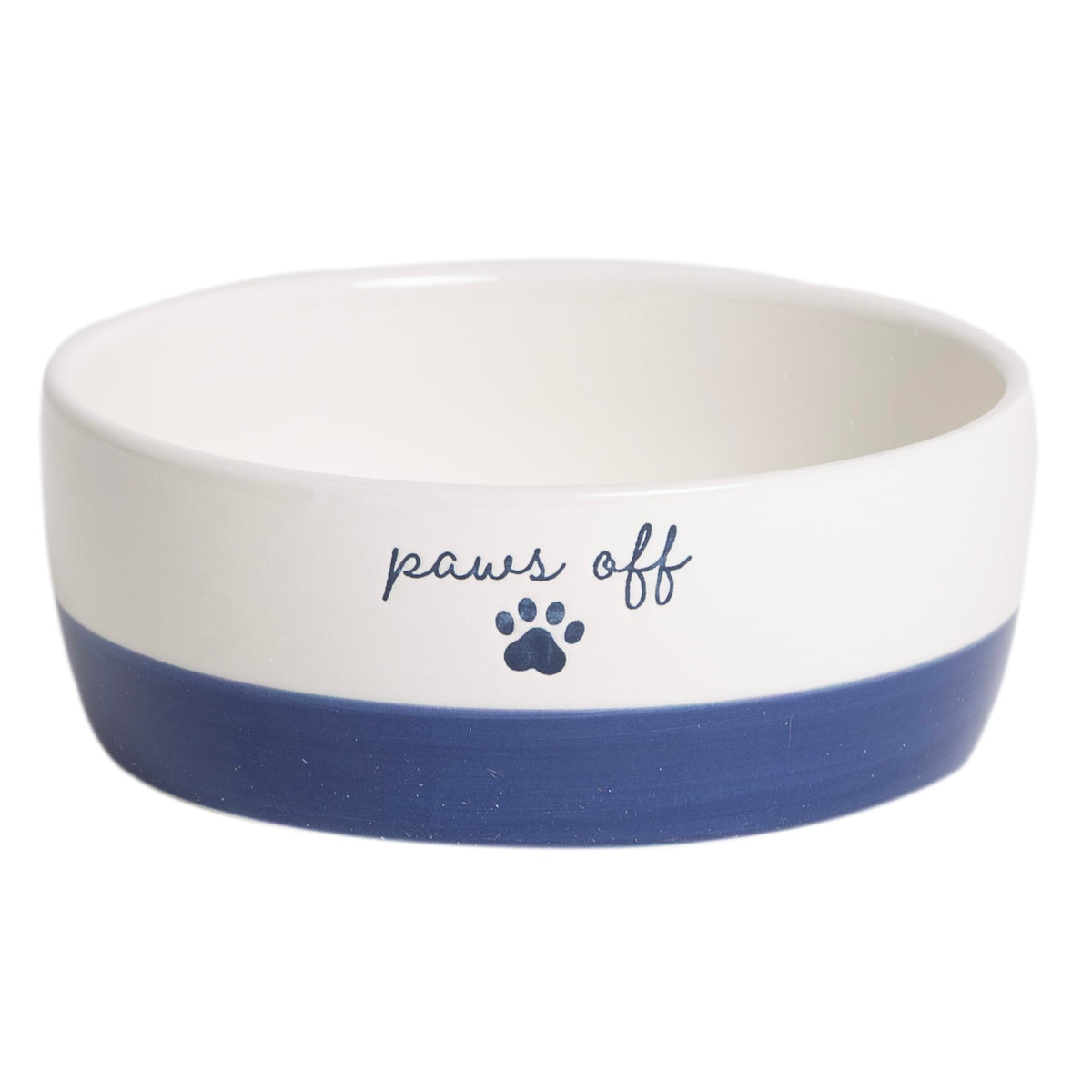 Pearhead Ceramic Cat Bowl, Holds 12 oz, Navy Blue “Paws Off” Design
