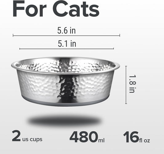 URBUDDIES 2 Pack Hammered Stainless Steel Cat Bowls,2 Cup, Gray Bottom