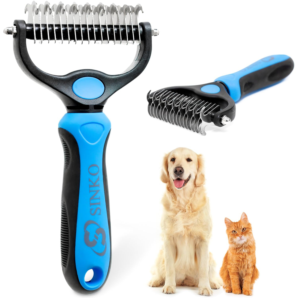 Sinko Shedding Brush for Dog and Cat, Undercoat Rake & Comb with Extra-Wide Double-Sided Stainless Steel Teeth for Deshedding, Brushing, Removing Loose Fur, Knots, Mats & Tangles in Pets (Blue)