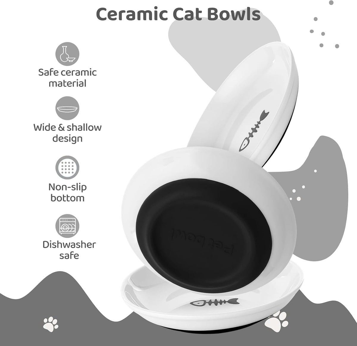 Ceramic Cat Bowls - 10 Pack, No Whisker Fatigue Wide Shallow Cat Dishes with Non-Slip Silicone Bottom, Pet Food & Water Plates, 15cm Diameter