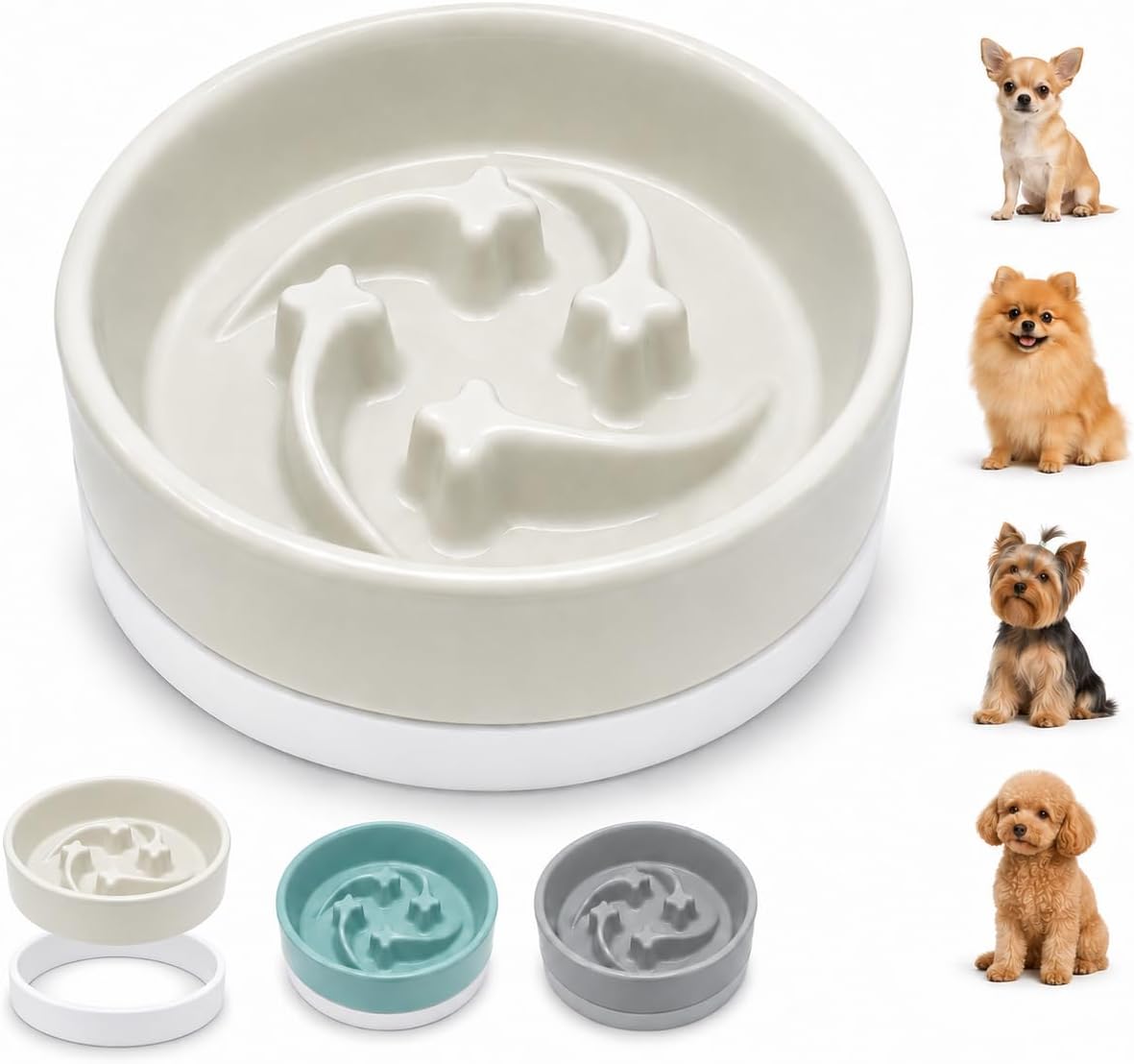 Ceramic Slow Feeder Dog Bowl,0.6 Cup Dog Food Bowl,Small Dogs&Cats,White