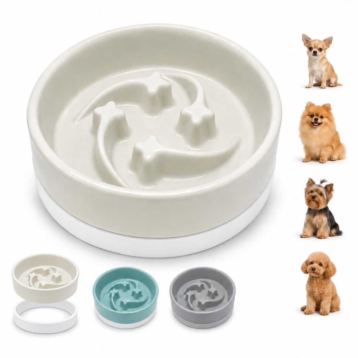 Ceramic Slow Feeder Dog Bowl,0.6 Cup Dog Food Bowl,Small Dogs&Cats,White