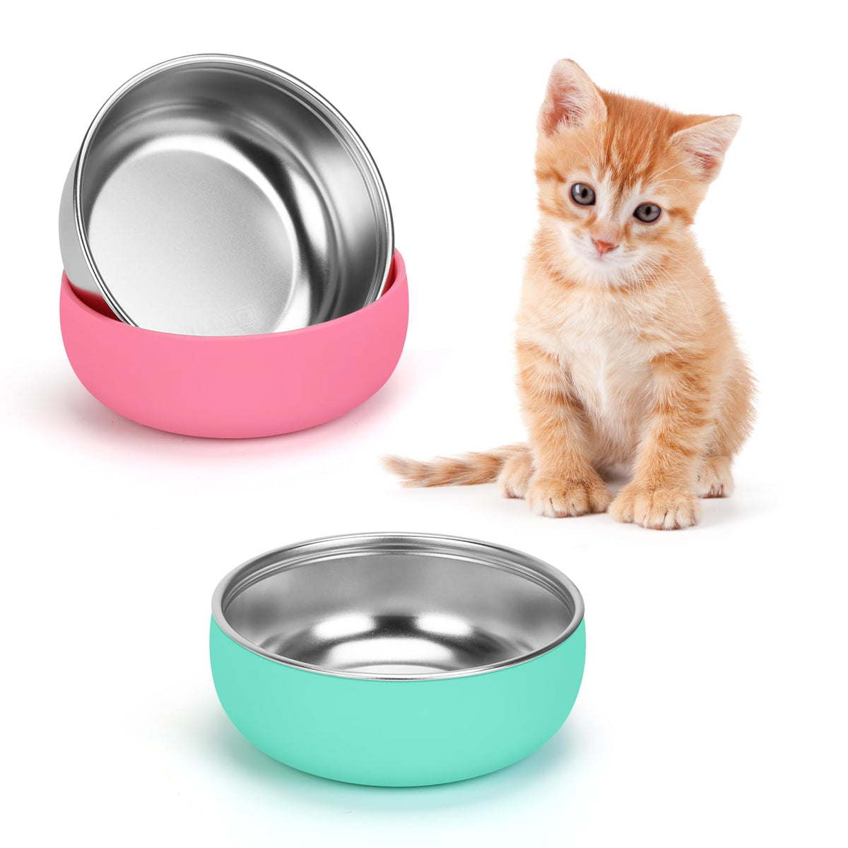 Non-Slip Stainless Steel Cat Bowls, 2 Pack Cat Dishes for Food and Water with Detachable Colorful Silicone Anti-Slip Bottom, 5 '' Wide Thick & Heavy Duty Metal Pet Bowls for Kitten, Cats and Puppy
