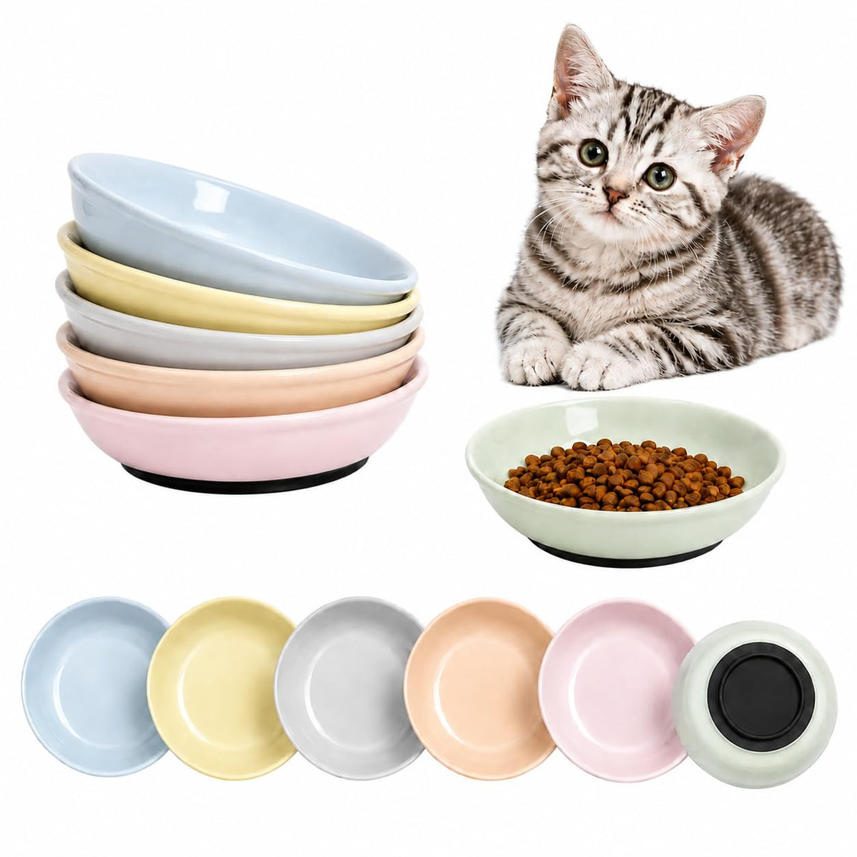 Ceramic Cat Food Bowls 6 Pack – Shallow Cat Bowl with Non-Slip Silicone Base, Whisker-Fatigue Dishes for Indoor Cats Puppy – Microwave Dishwasher Safe – 5.3 oz Cute Pet Plates for Wet Dry Food Water