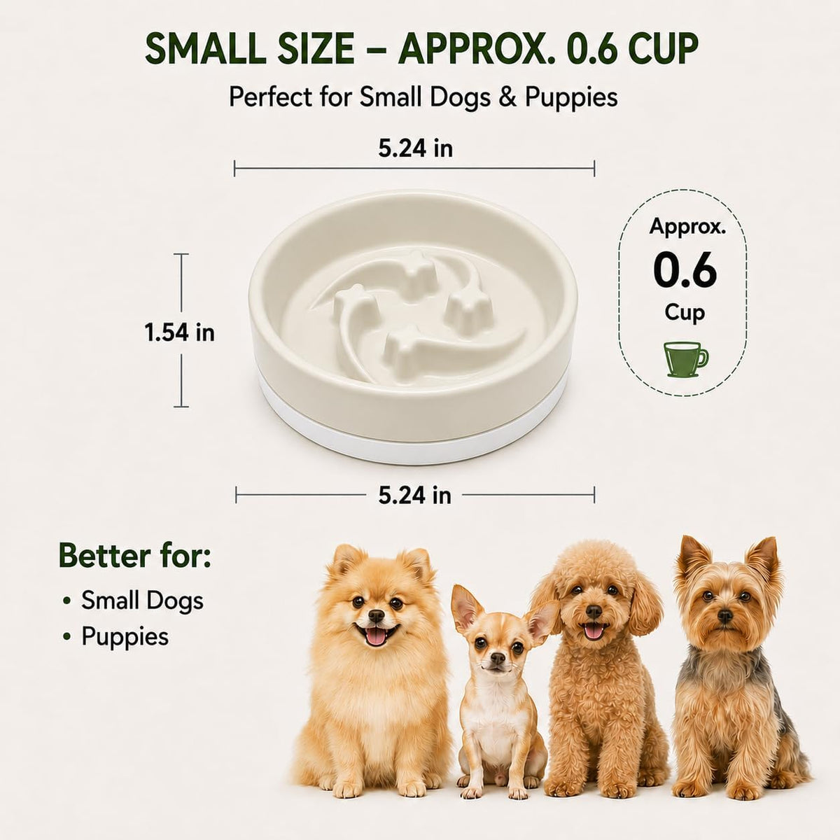 Ceramic Slow Feeder Dog Bowl,0.6 Cup Dog Food Bowl,Small Dogs&Cats,White