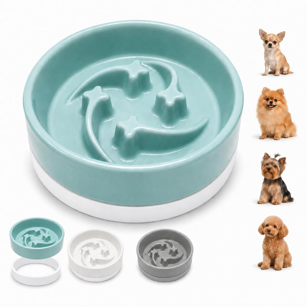 Ceramic Slow Feeder Dog Bowl,0.6 Cup Dog Food Bowl,Small Dogs&Cats,White