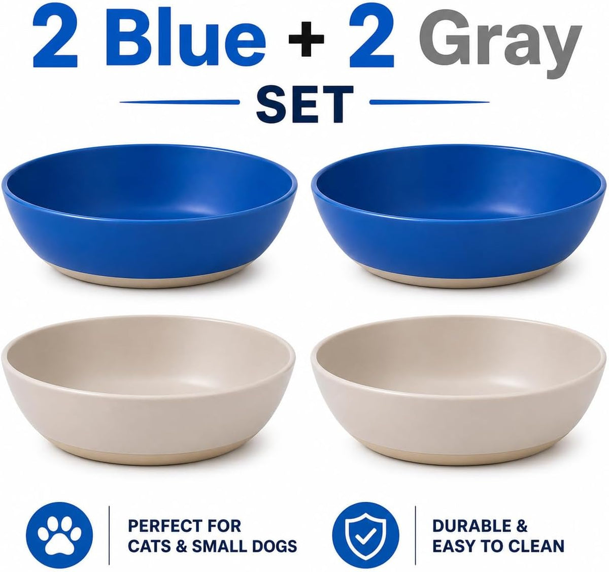 4 Pack Non-Slip Plastic Cat Bowls for Indoor Cats, Food & Water Dishes for Kittens, Puppies & Small Pets, Anti-Skid Rubber Base, Gray & Blue, Easy to Clean (Grey and Blue)