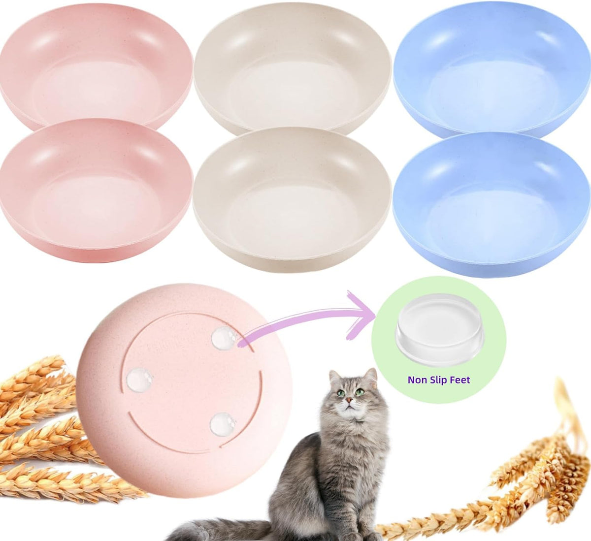 6 Set Cat Bowl BPA Free, Whisker Friendly Cat Food Bowl, Non-Slip, Plastic