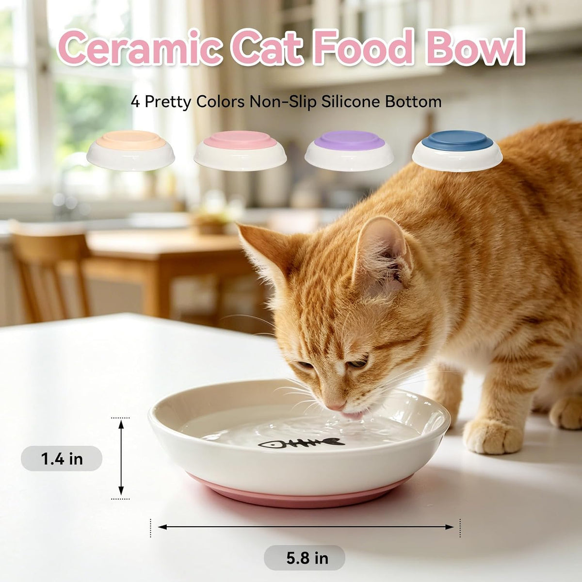 4 PCS Ceramic Cat Bowls with Silicone Base, Shallow Wide Cat Plates