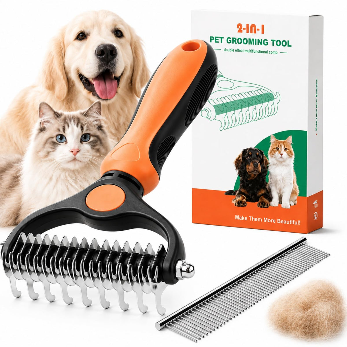 2-in-1 Pet Grooming Tool for Dogs & Cats, Double Sided Dematting Brush Set, Dual Teeth Pet Deshedding Comb for Shedding Fur Removal, Professional Grooming Rake for Long & Short Hair