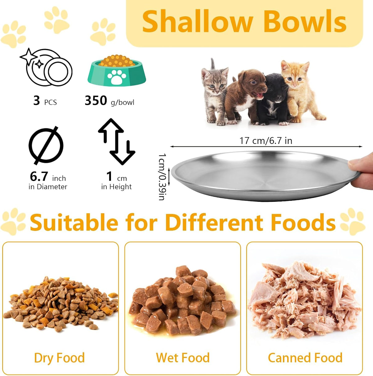 3 PCS Stainless Steel Cat Food Bowl Dish, 6.7" Shallow Flat Wide Cat Plates