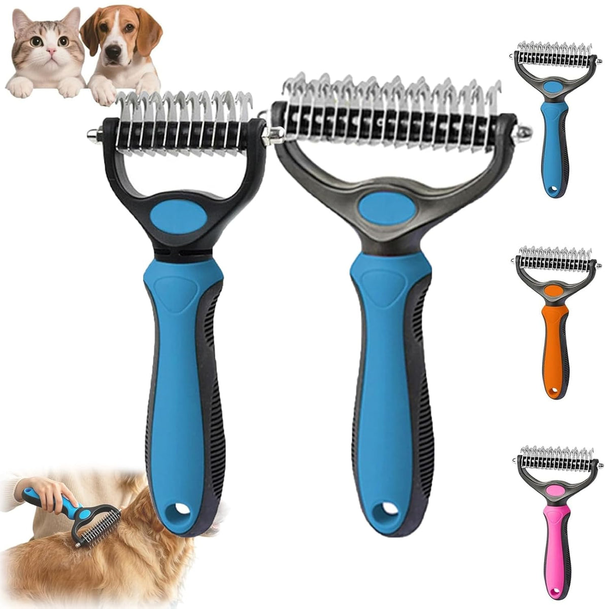 Pet Pro Grooming Tool, 2-in-1 Deshedding Dog Brush with 9/21 Teeth Undercoat Rake for Dogs & Cats, Dual-Sided Stainless Steel Pet Comb for Long Hair & Thick Coats
