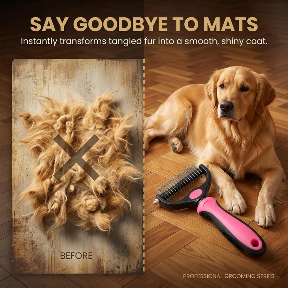 Dematting Comb for Dogs and Cats, Undercoat Rake Pet Brush for Long Hair, Deshedding Dog Brush Removes Tangles Knots and Loose Fur, Grooming Tool for Thick Coats (Blue L)