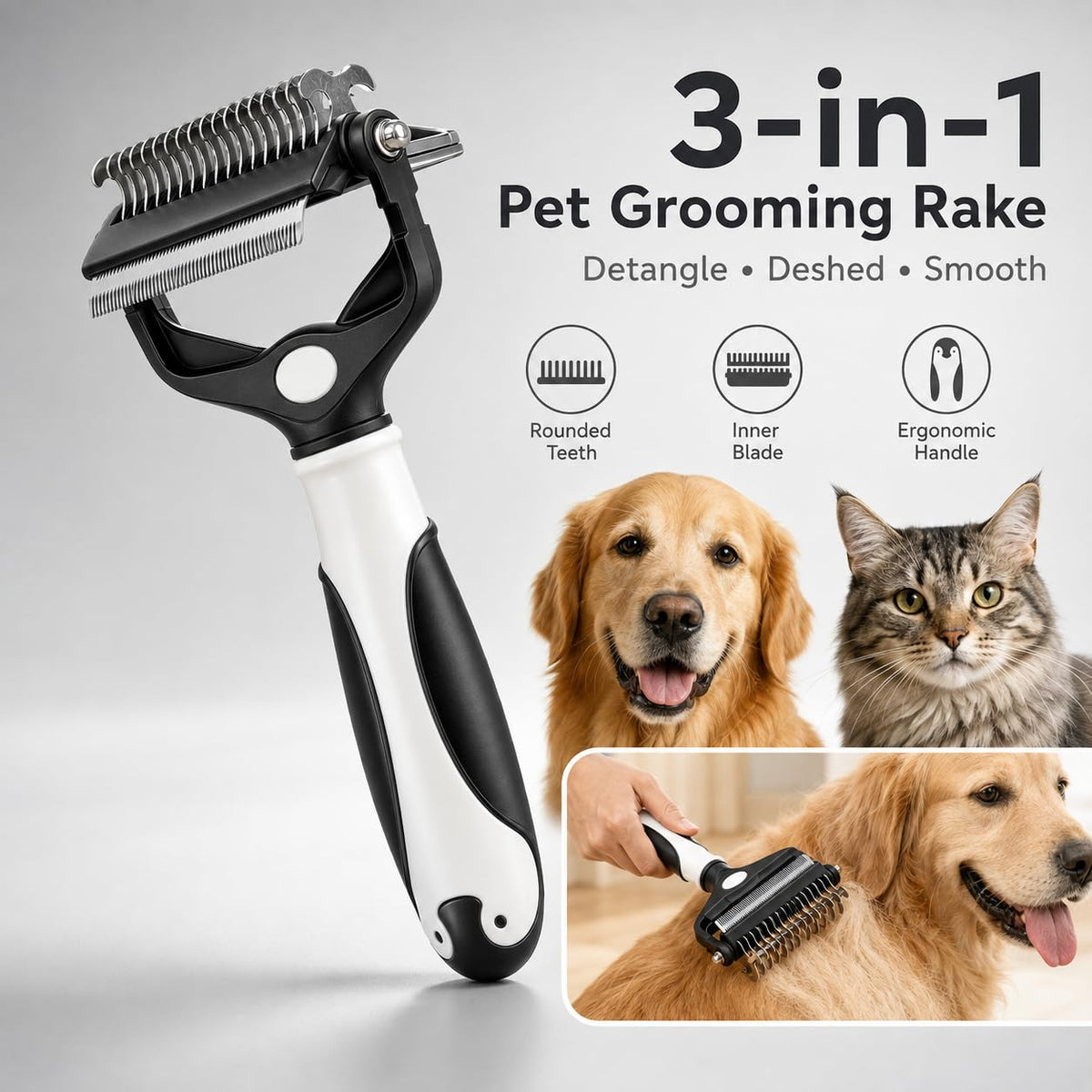 3-in-1 Pet Grooming Brush for Dogs & Cats, Undercoat Rake, Dematting Comb & Deshedding Brush for Long & Short Hair, Heavy Shedding & Matted Fur