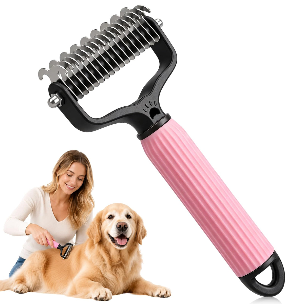 Pet Grooming Brush, Double-Sided Deshedding Dematting Tool for Dogs & Cats, Detangling Tool For Matted Fur, Ideal For Medium Or Long Haired Breeds (Blue)