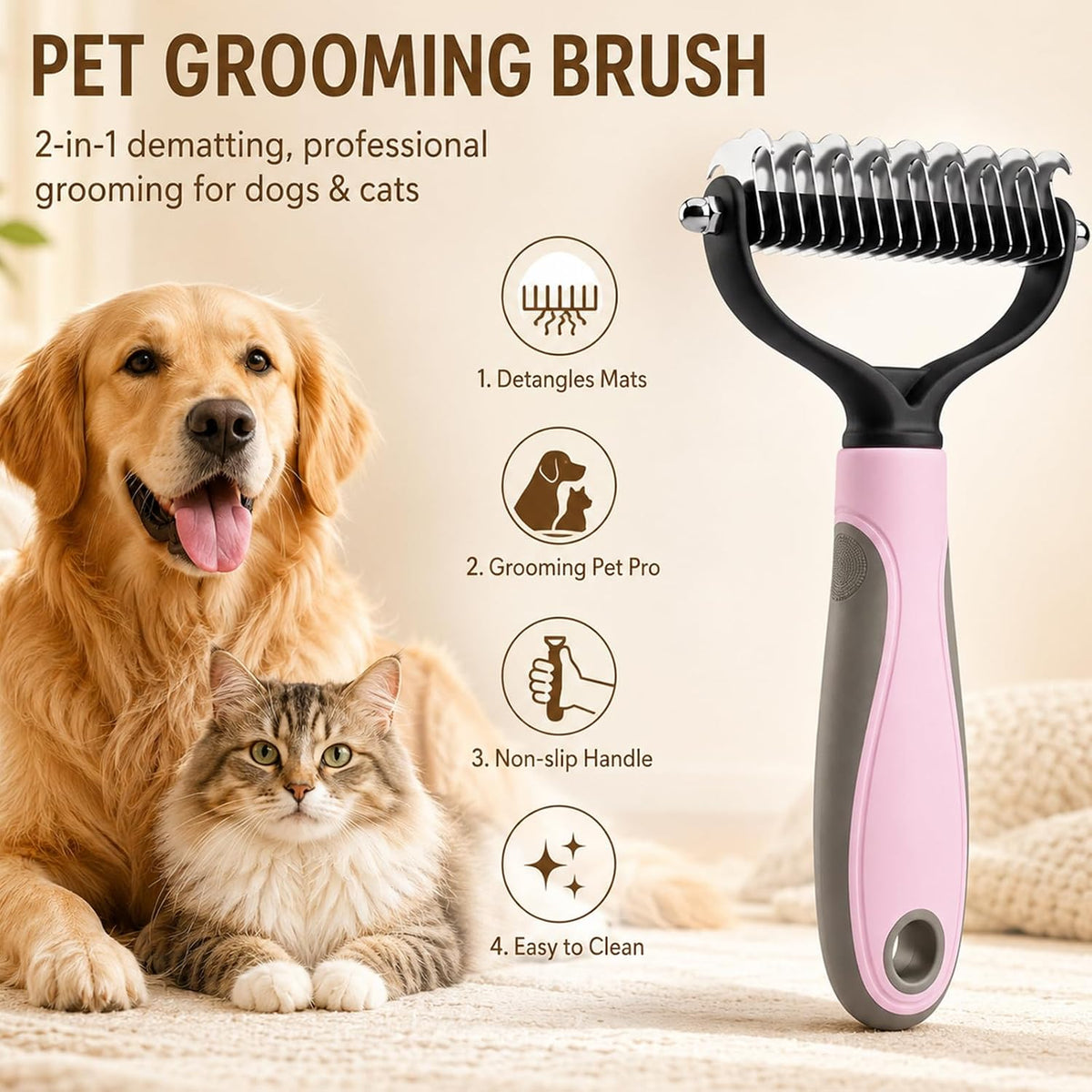 Pet Knotter for Dogs/Cats, Double Sided Pet Grooming Brush,Undercoat Rake Pets Brush for Long Hair Professional Deshedding Tool, Pets Hair Remover Shedding (Pink-L)