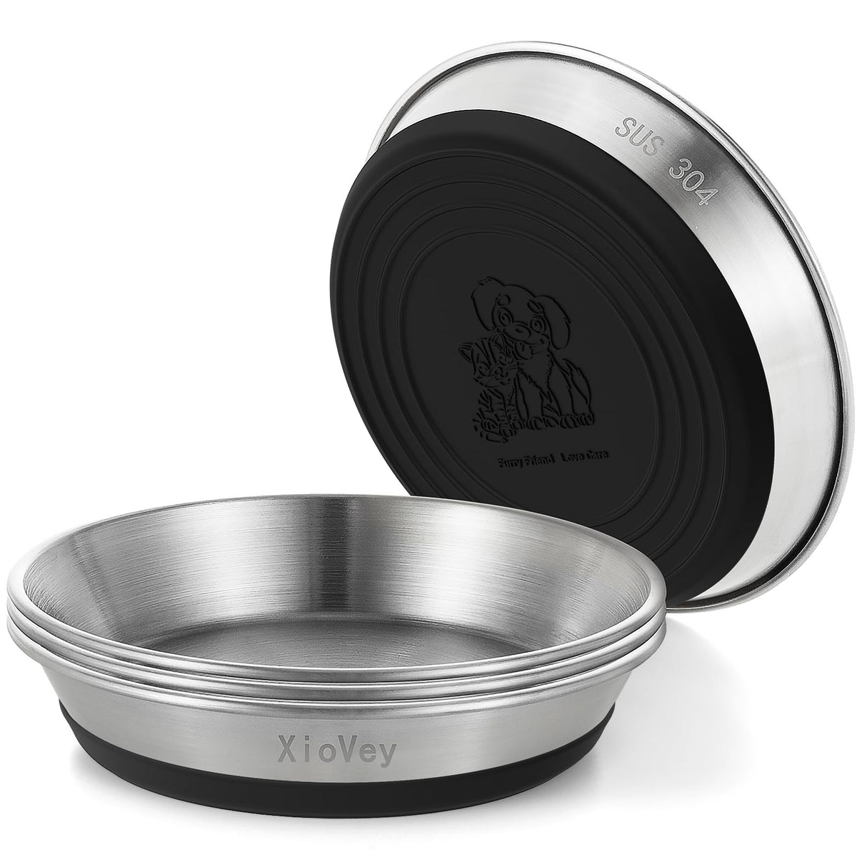 2 Pack Grey 304 Stainless Steel Shallow Whisker Fatigue Cat Bowls
