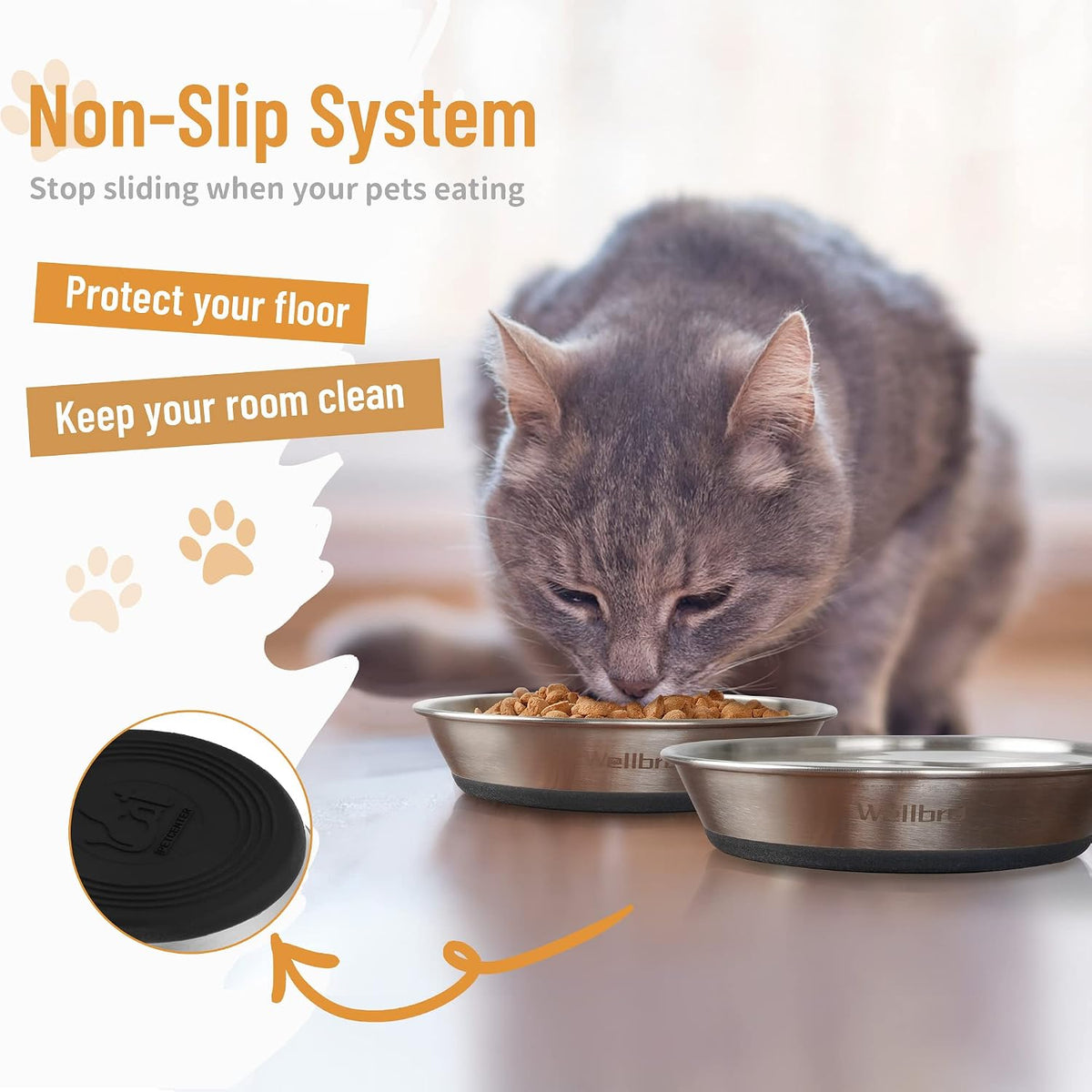 Cat Bowls, 304 Stainless Steel Non-Slip Wide Shallow, 2 Pack