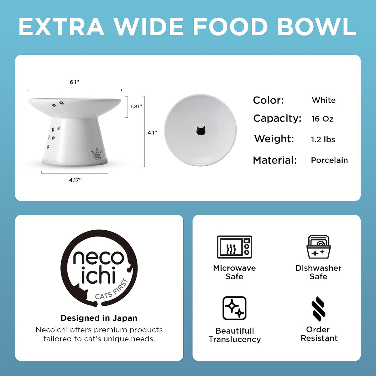 Necoichi Ceramic Extra-Wide Elevated Cat Food Bowl (Cat, Extra Wide)
