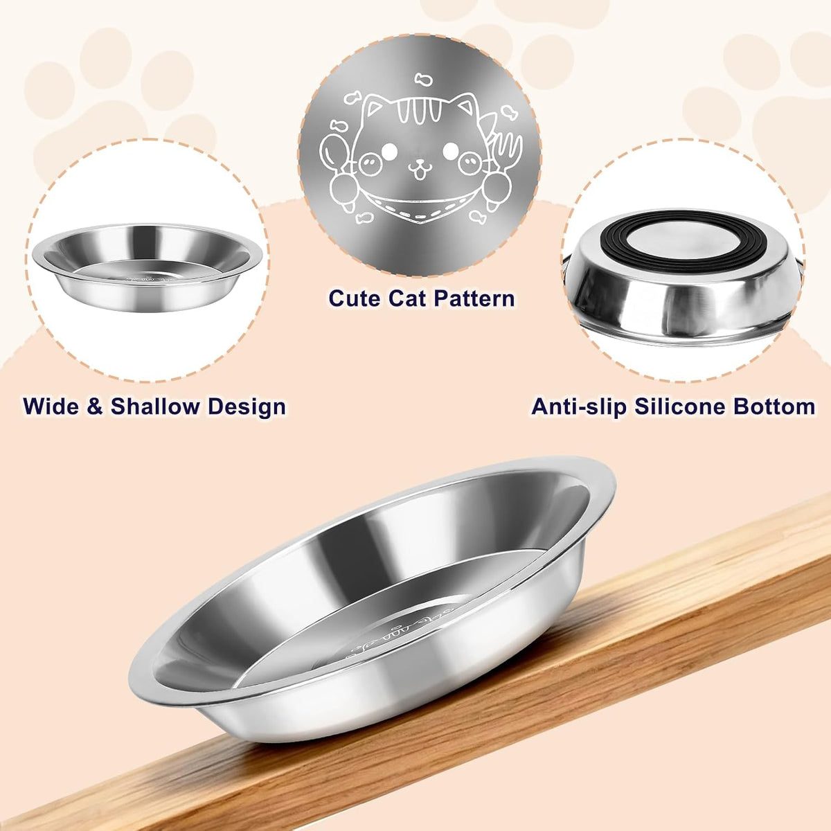 Stainless Steel Cat Bowls, 6 Pack Shallow Wide Whisker Fatigue Food Water Bowls, 6.3" Metal Cat Dishes with Non-Slip Bottom, Cute Cat Kitten Small Dog Bowl for Indoor Feeding or Elevated Stand