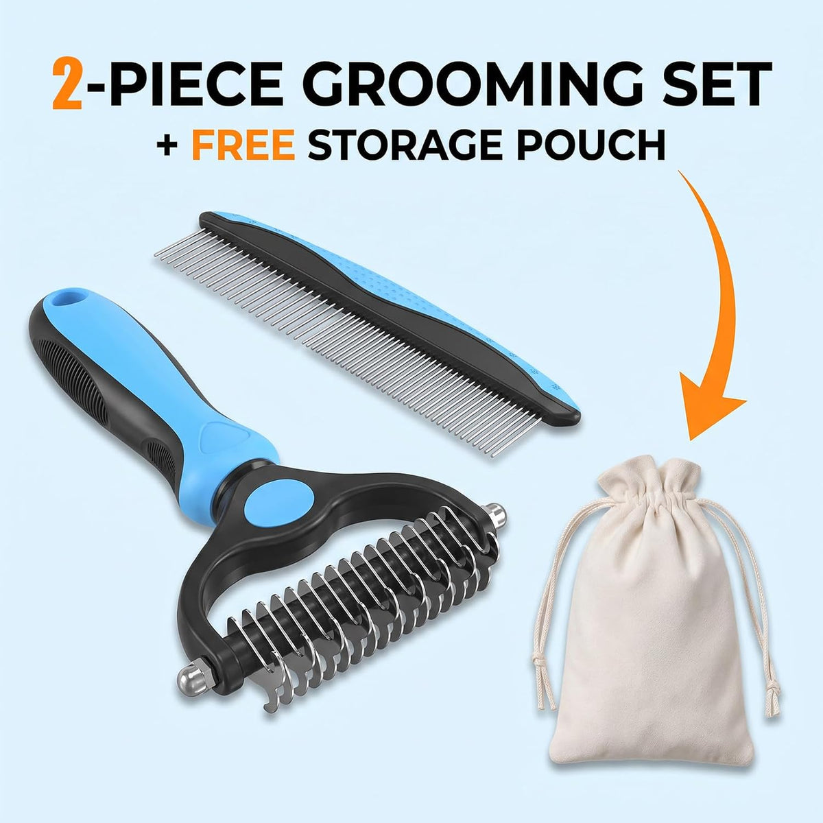 2PCS Pet Grooming Tool Set for Dogs & Cats, Dematting Rake & Metal Comb
