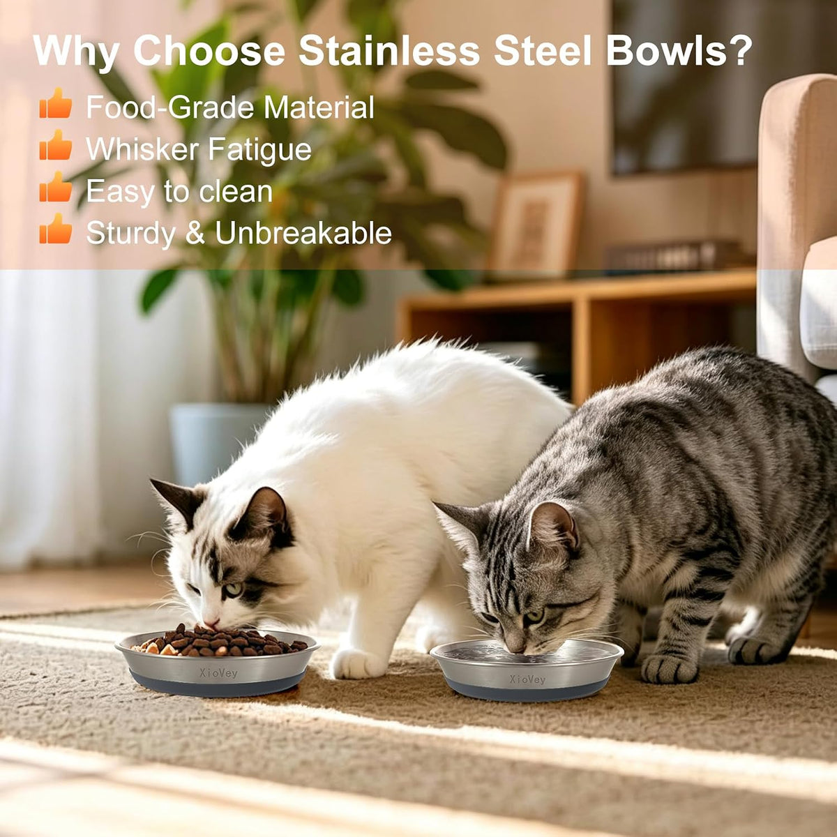 2 Pack Grey 304 Stainless Steel Shallow Whisker Fatigue Cat Bowls